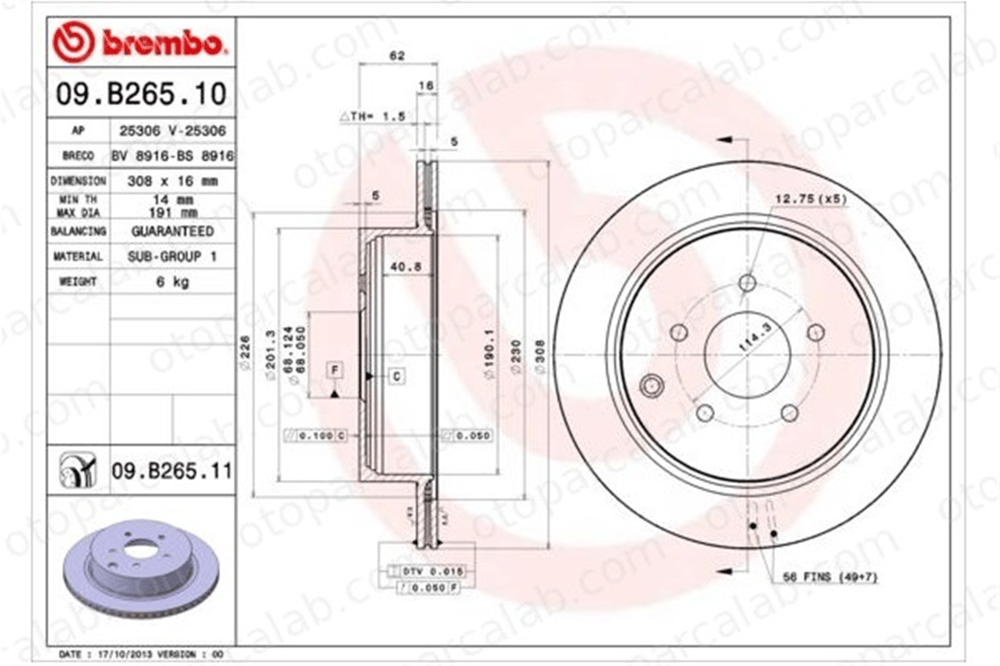 BREMBO 09.B265.11 Fren Disk Ayna Arka Sağ ve Sol INFINITI Q50 Q70 43206CA000 432063JA0A