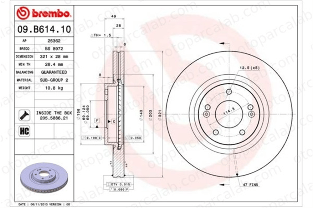 BREMBO 09.B614.10 Fren Disk Ayna Ön Sağ ve Sol HYUNDAI SANTA FÉ III SANTA FE IV 517122P700 517122W700