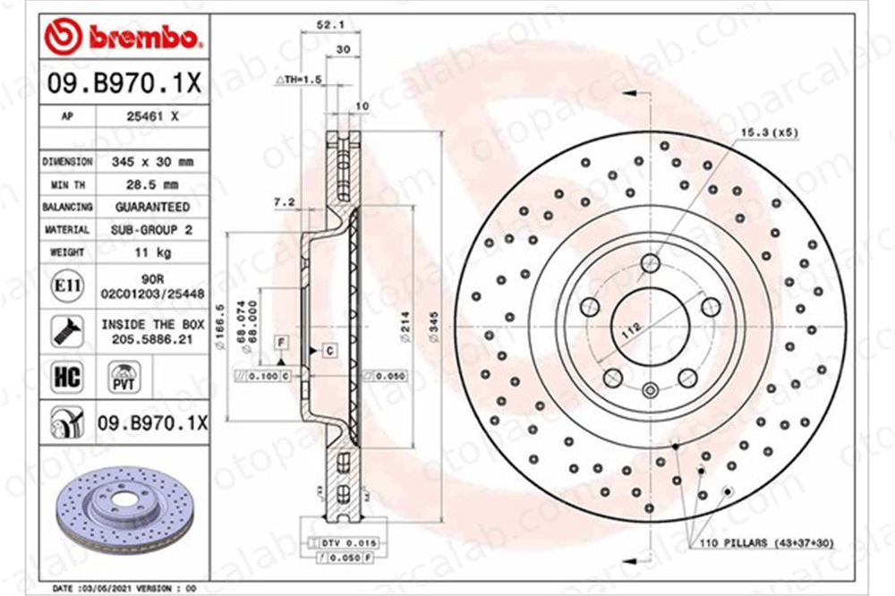 BREMBO 09.B970.1X Fren Disk Ayna Ön Sağ ve Sol AUDI A4 B8 A4 B8 Avant 4G0615301G 4G0615301