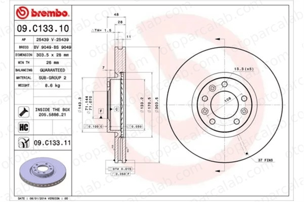 BREMBO 09.C133.11 Fren Disk Ayna Ön Sağ ve Sol PEUGEOT 308 II 508 I 4249K1 1642760480