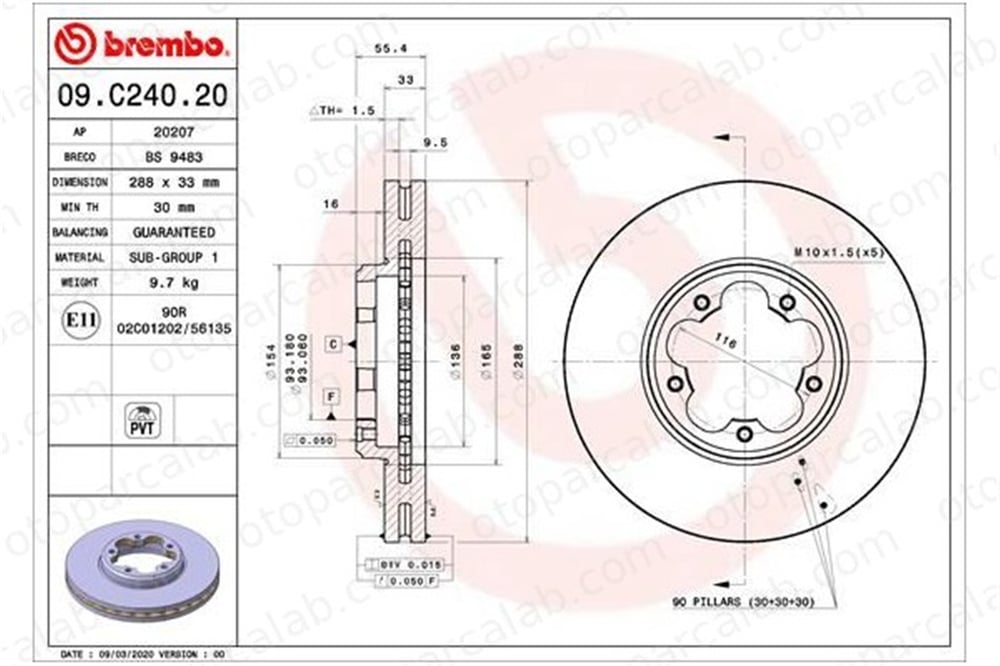 BREMBO 09.C240.20 Fren Disk Ayna Ön Sağ ve Sol FORD TRANSIT CUSTOM V362 Panelvan/Van TRANSIT V363 Panelvan/Van BK211125HA BK211125GA