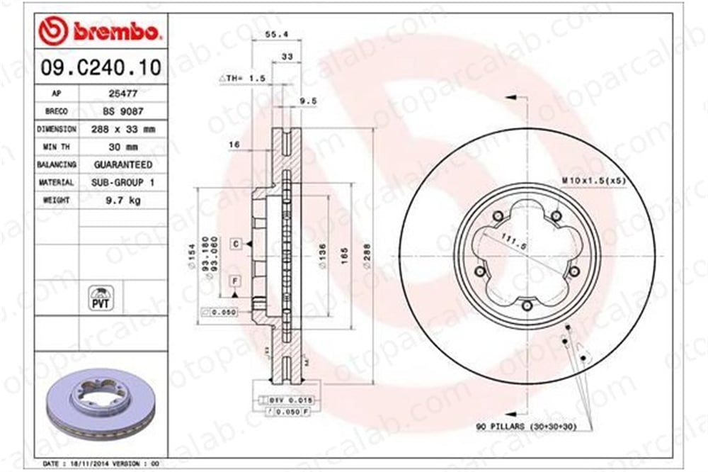 BREMBO 09.C240.10 Fren Disk Ayna Ön Sağ ve Sol FORD TRANSIT V363 Platform şasi TOURNEO CUSTOM V362 Minibüs/Otobüs BK211125B1D BK211125BD