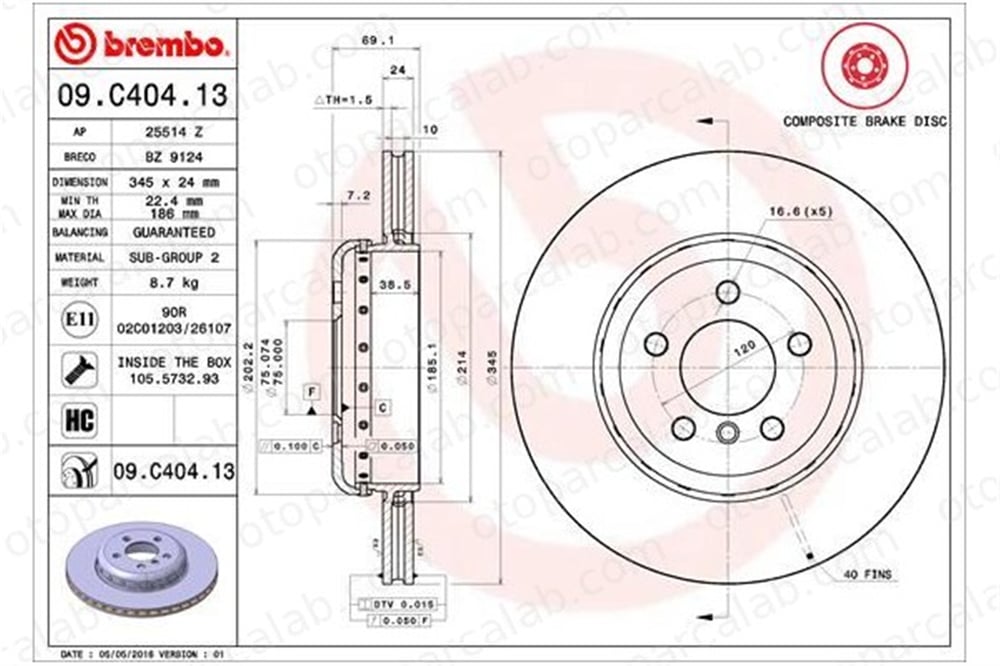 BREMBO 09.C404.13 Fren Disk Ayna Arka Sağ ve Sol BMW 5 Touring 5 34206894381 34216775289