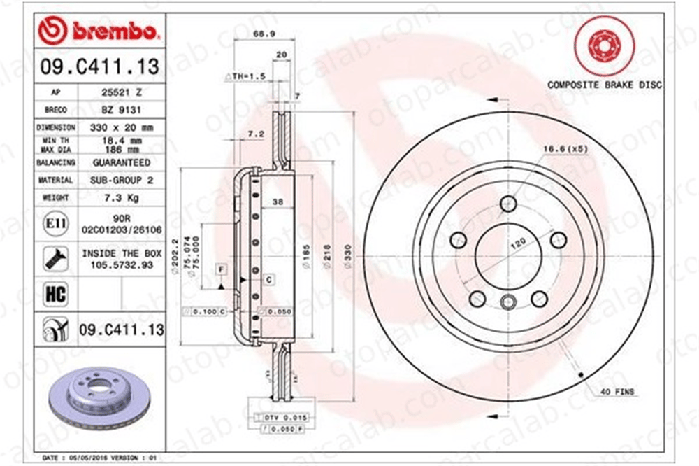 BREMBO 09.C411.13 Fren Disk Ayna Arka Sağ ve Sol BMW 5 5 Touring 34216898733 34216775287