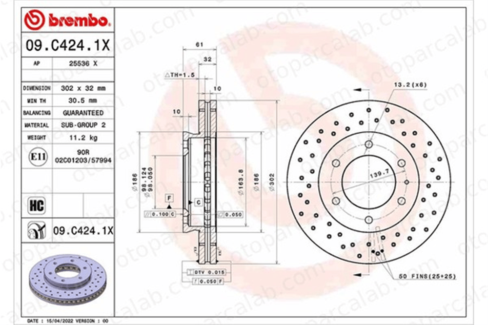 BREMBO 09.C424.1X Fren Disk Ayna Ön Sağ ve Sol FORD RANGER AB311125AA AB311125AC