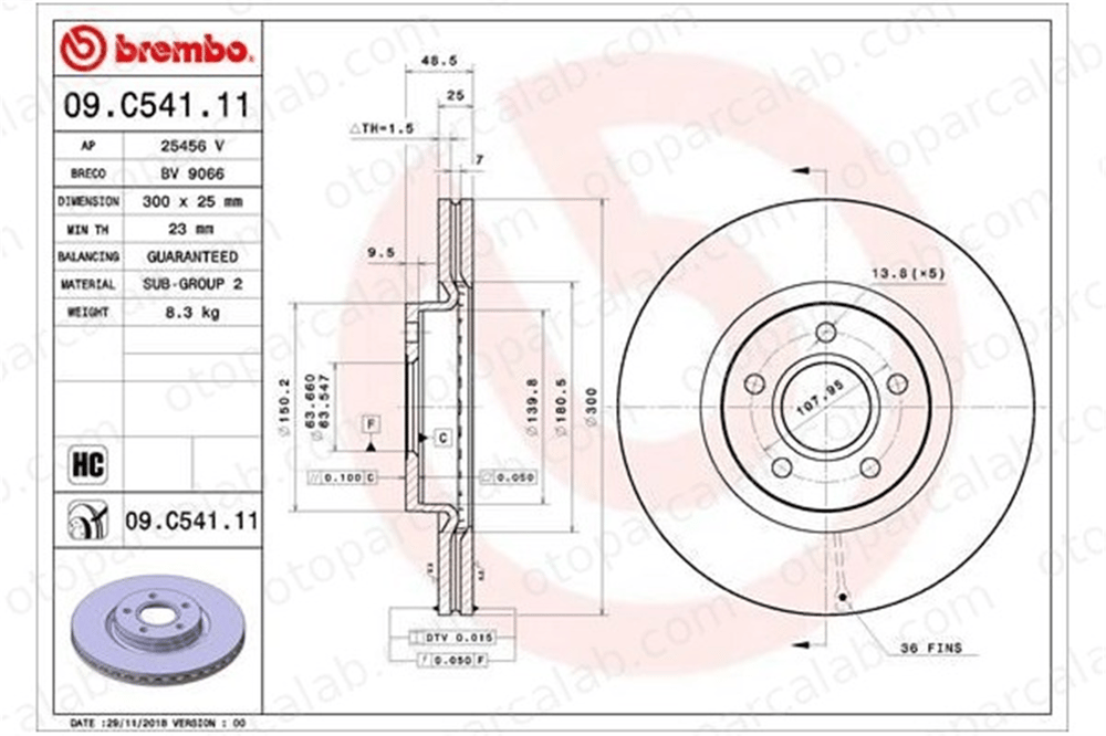 BREMBO 09.C541.11 Fren Disk Ayna Ön Sağ ve Sol FORD TOURNEO CONNECT / GRAND TOURNEO CONNECT V408 MPV TRANSIT CONNECT V408 Kasa/büyük limuzin DV611125CA DV611125EA