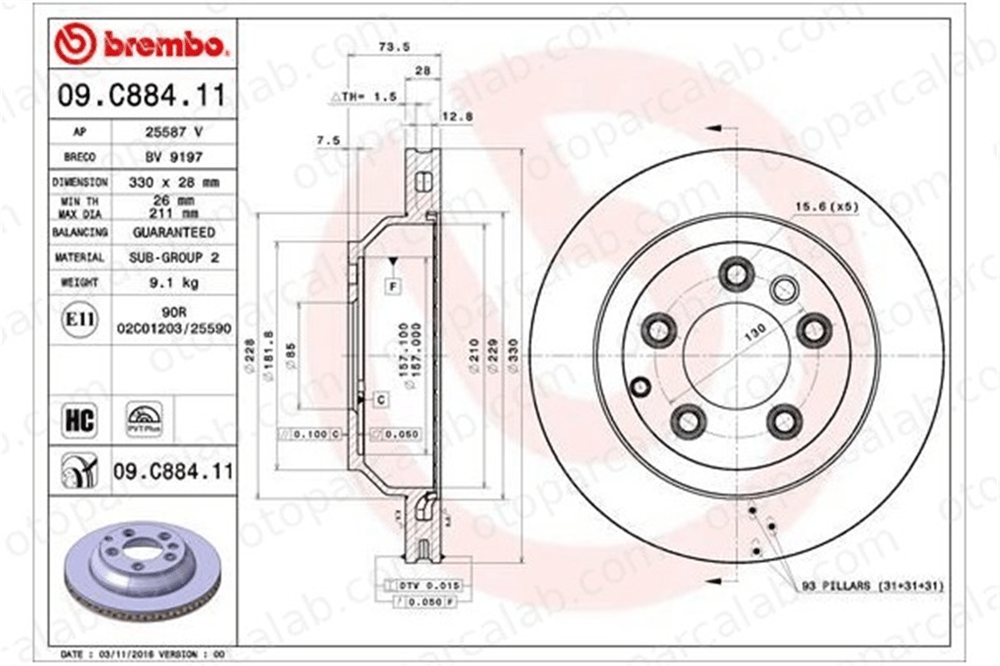 BREMBO 09.C884.11 Fren Disk Ayna Arka Sağ ve Sol PORSCHE CAYENNE VW TOUAREG 7L8615601C 7L6615601D