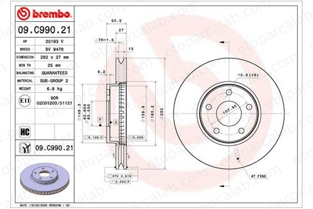 BREMBO 09.C990.21 Fren Disk Ayna Ön Sağ ve Sol FORD FOCUS IV FOCUS IV Turnier JX611125AEB 2305503