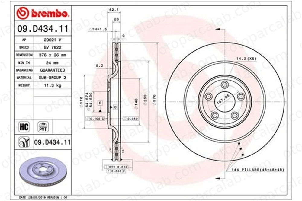 BREMBO 09.D434.11 Fren Disk Ayna Arka Sağ ve Sol JAGUAR F-TYPE Cabrio F-TYPE Coupe T2R5942 C2D61077