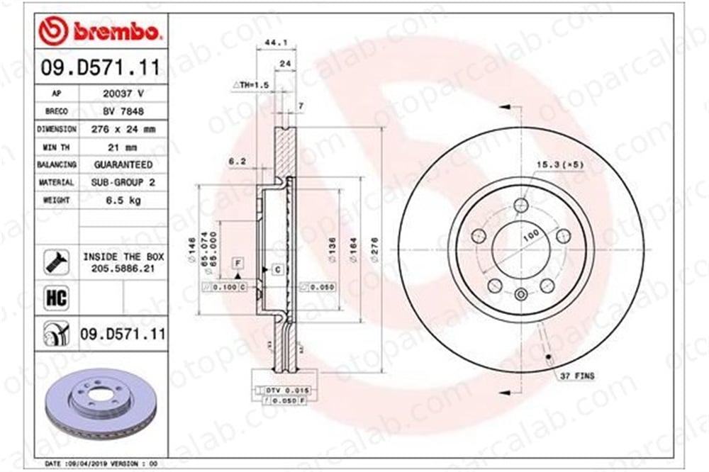 BREMBO 09.D571.11 Fren Disk Ayna Ön Sağ ve Sol SEAT IBIZA V ARONA 2Q0615301H 2QB615301E