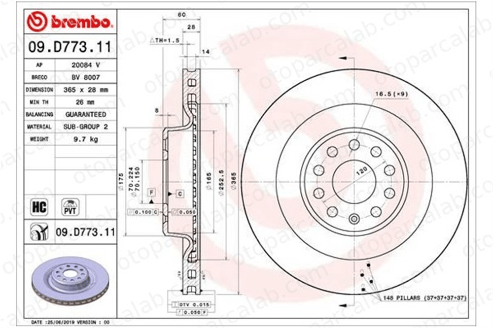 BREMBO 09.D773.11 Fren Disk Ayna Arka Sağ ve Sol TESLA MODEL S MODEL X 102763200B