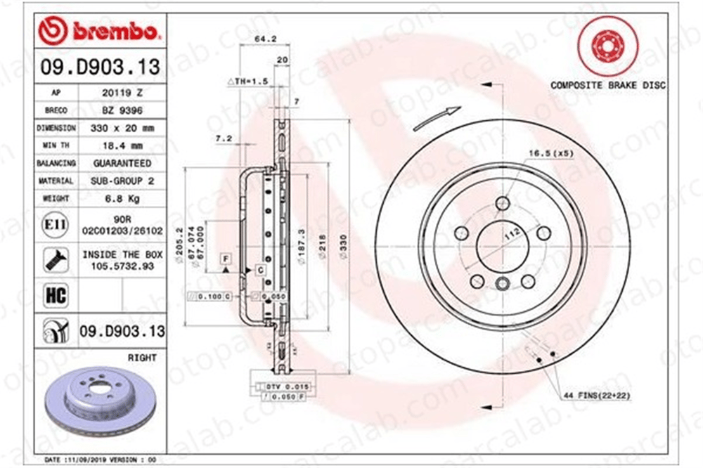 BREMBO 09.D903.13 Fren Disk Ayna Arka Sağ BMW 5 5 Touring 34216882246 34206883980