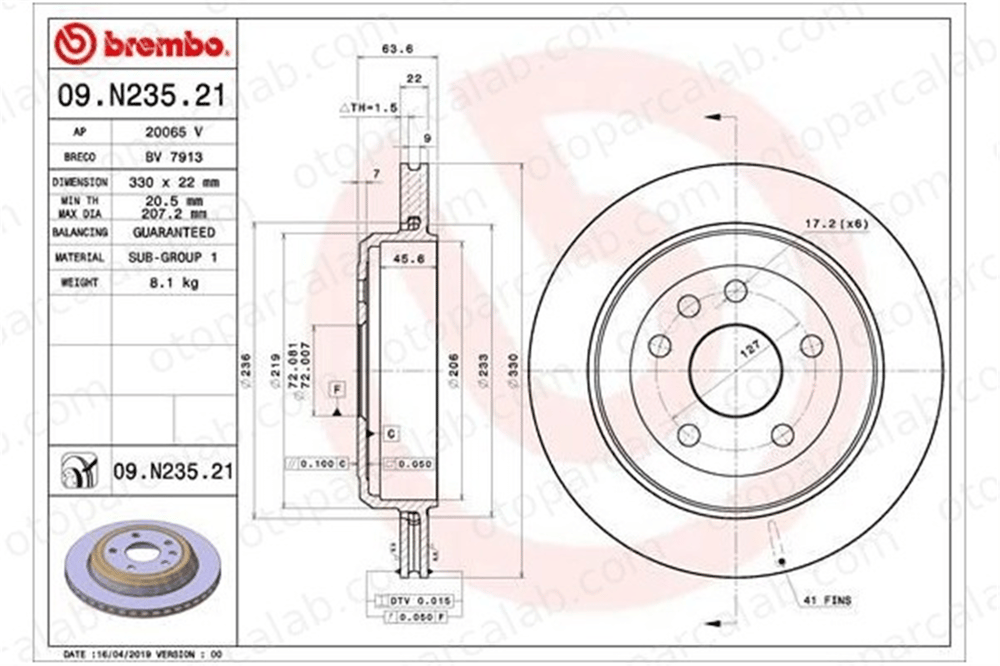 BREMBO 09.N235.2X Fren Disk Ayna Arka Sağ ve Sol JEEP GRAND CHEROKEE IV DODGE DURANGO 68035022AB 68035022AC