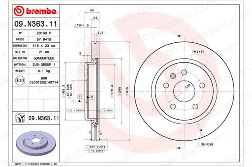 BREMBO 09.N363.11 Fren Disk Ayna Arka Sağ ve Sol OPEL INSIGNIA B Country Tourer INSIGNIA B Grand Sport 13595818 13509676