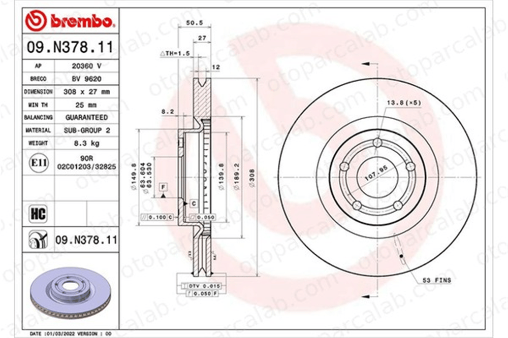 BREMBO 09.N378.11 Fren Disk Ayna Ön Sağ ve Sol FORD FOCUS IV Turnier FOCUS IV JX611125BEB 2305506