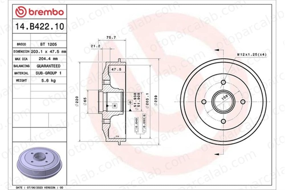 BREMBO 14.B422.10 Kampana Arka Sağ veya Sol PEUGEOT 208 I CITROËN C3 III 424759