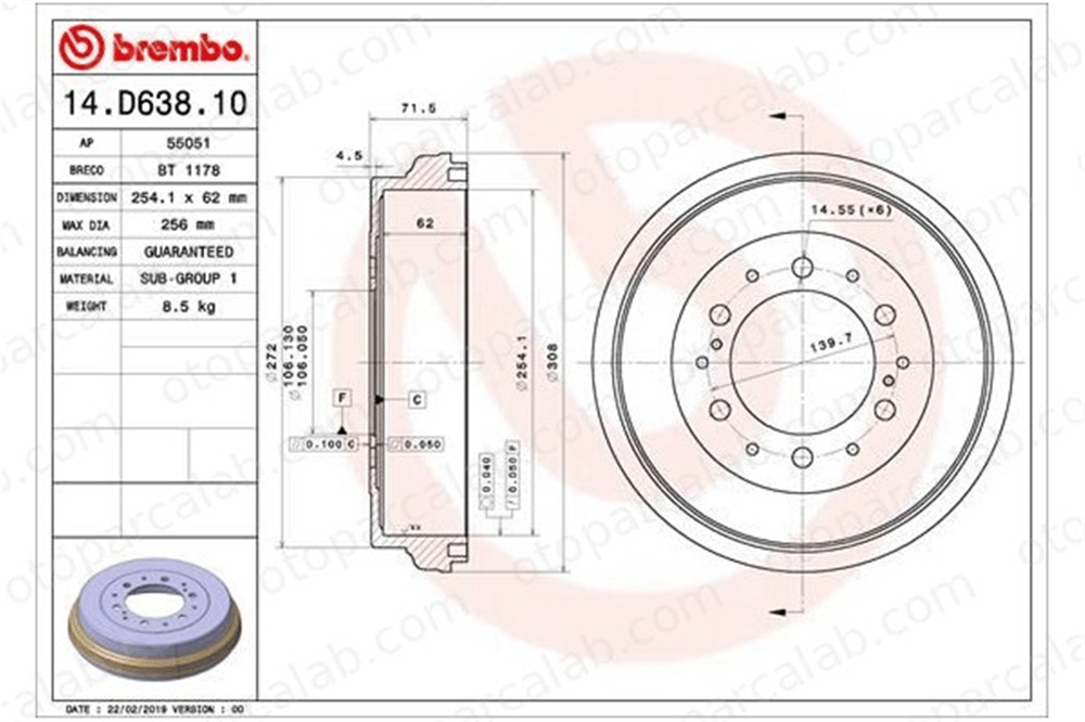 BREMBO 14.D638.10 Kampana Arka Sağ veya Sol TOYOTA HIACE V Panelvan/Van HIACE / COMMUTER V Minibüs/Otobüs 4243126190