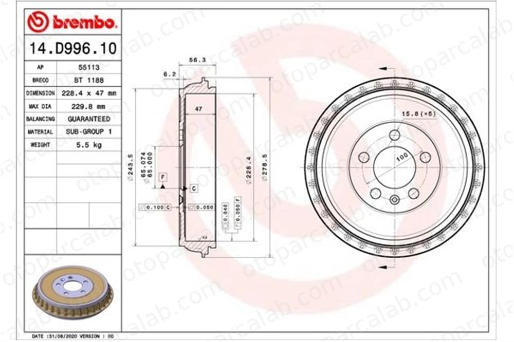 BREMBO 14.D996.10 Kampana Arka Sağ veya Sol SEAT IBIZA V ARONA 2Q0609617A