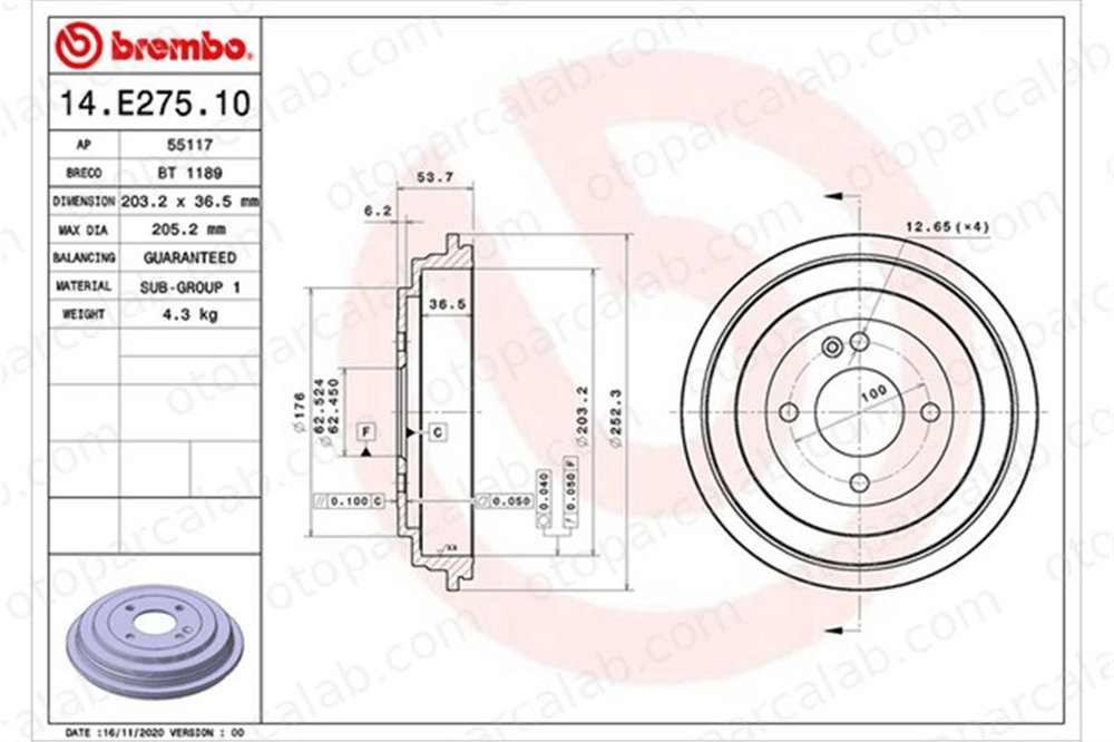 BREMBO 14.E275.10 Kampana Arka Sağ veya Sol HYUNDAI i20 II KIA RIO IV 584111R000 584110U000