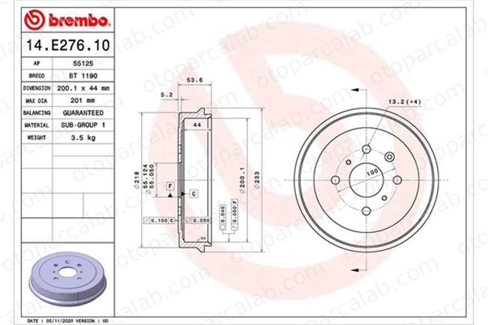 BREMBO 14.E276.10 Kampana Arka Sağ veya Sol TOYOTA AYGO 424310H010