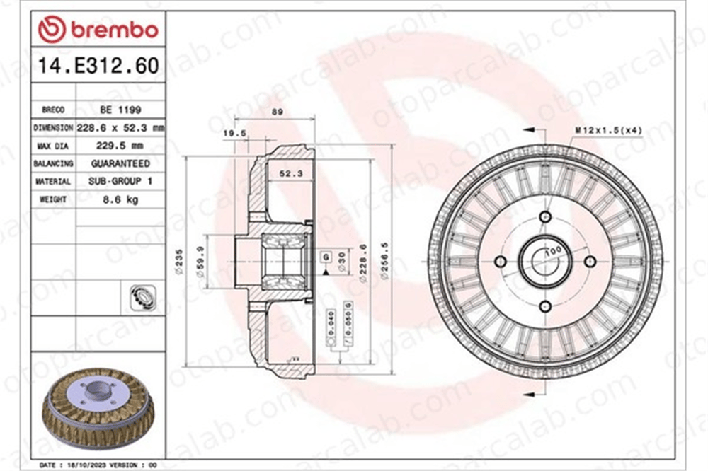 BREMBO 14.E312.60 Kampana Arka Sağ veya Sol DACIA LODGY DOKKER Express Kasa/büyük limuzin 432000505R 432001324R