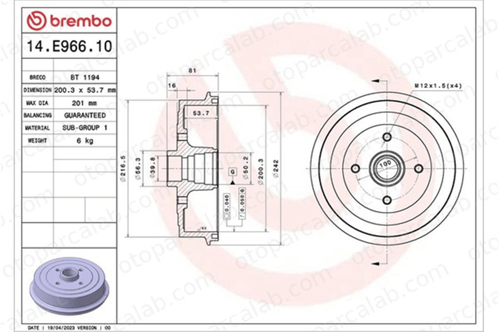 BREMBO 14.E966.10 Kampana Arka Sağ veya Sol DAEWOO LANOS LANOS Sedan 96193771 96193876