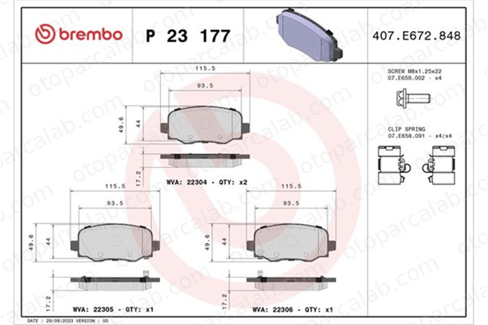 BREMBO P 23 177X Fren Disk Balata Arka FIAT 500X JEEP RENEGADE SUV 77367145 77367417