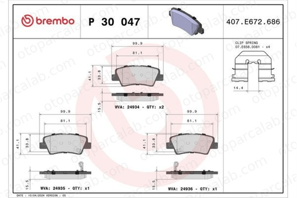 BREMBO P 30 047 Fren Disk Balata Arka HYUNDAI TUCSON SONATA V 583223FA01 3502130140W01
