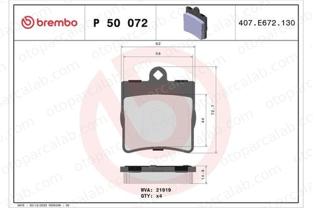 BREMBO P 50 072 Fren Disk Balata Arka MERCEDES-BENZ C-SERISI C-SERISI Coupe A0004207904 A0034202720