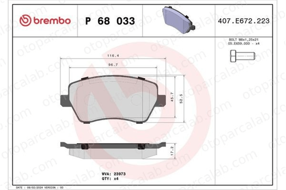BREMBO P 68 033X Fren Disk Balata Ön DACIA DUSTER RENAULT CLIO III 410608481R 410601817R