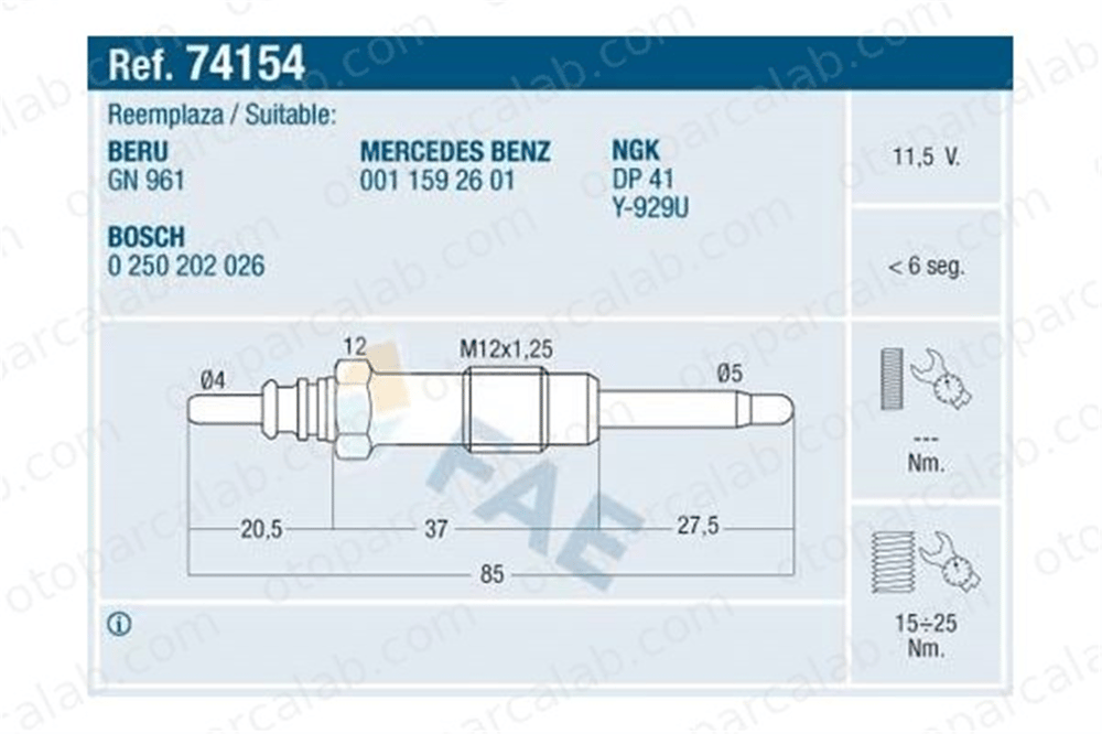 ET1 086 250 Isıtma Bujisi MERCEDES-BENZ SPRINTER 4-t Panelvan/Van SPRINTER 4-t Platform şasi A0011592601 1522601