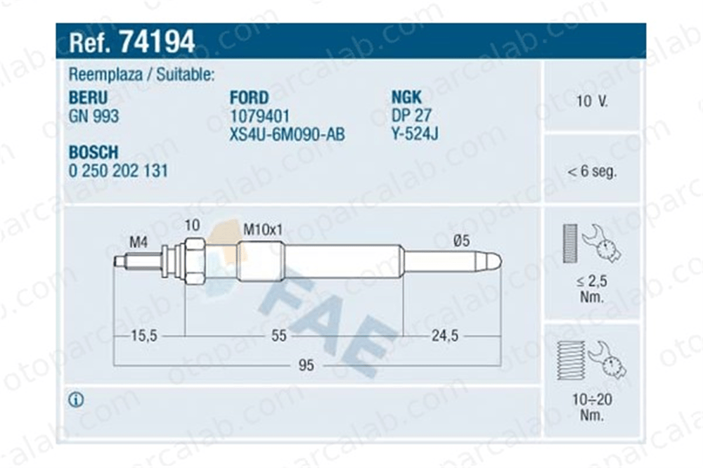 FAE 74194 Isıtma Bujisi FORD FOCUS I FOCUS I Turnier XS4U6M090AB 1079401