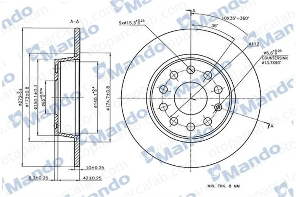 MANDO MBC035344 Fren Disk Ayna Arka Sağ ve Sol AUDI A3 Sportback A3 1K0615601AA 5Q0615601D
