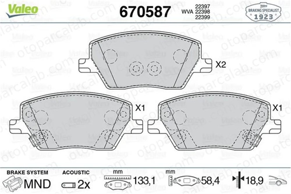 VALEO 670587 Fren Disk Balata Ön FIAT TIPO Hatchback TIPO Station wagon 77367628 77367910