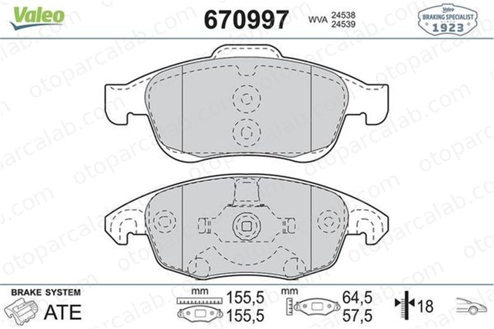 VALEO 670997 Fren Disk Balata Ön PEUGEOT PARTNER Kasa/büyük limuzin CITROËN BERLINGO Kasa/büyük limuzin 1611838580 1623816280