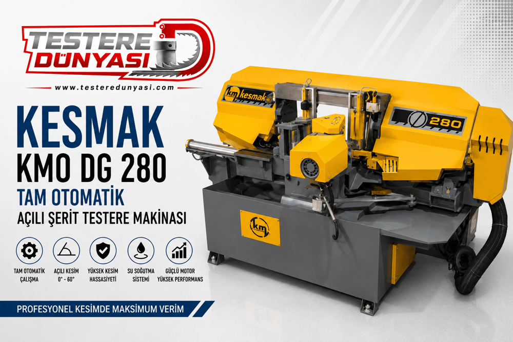 KESMAK KMO280DG SULU ÇAPAKSIZ AÇILI DÖNER GÖBEK TAM OTOMATİK ŞERİT TESTERE MAKİNASI