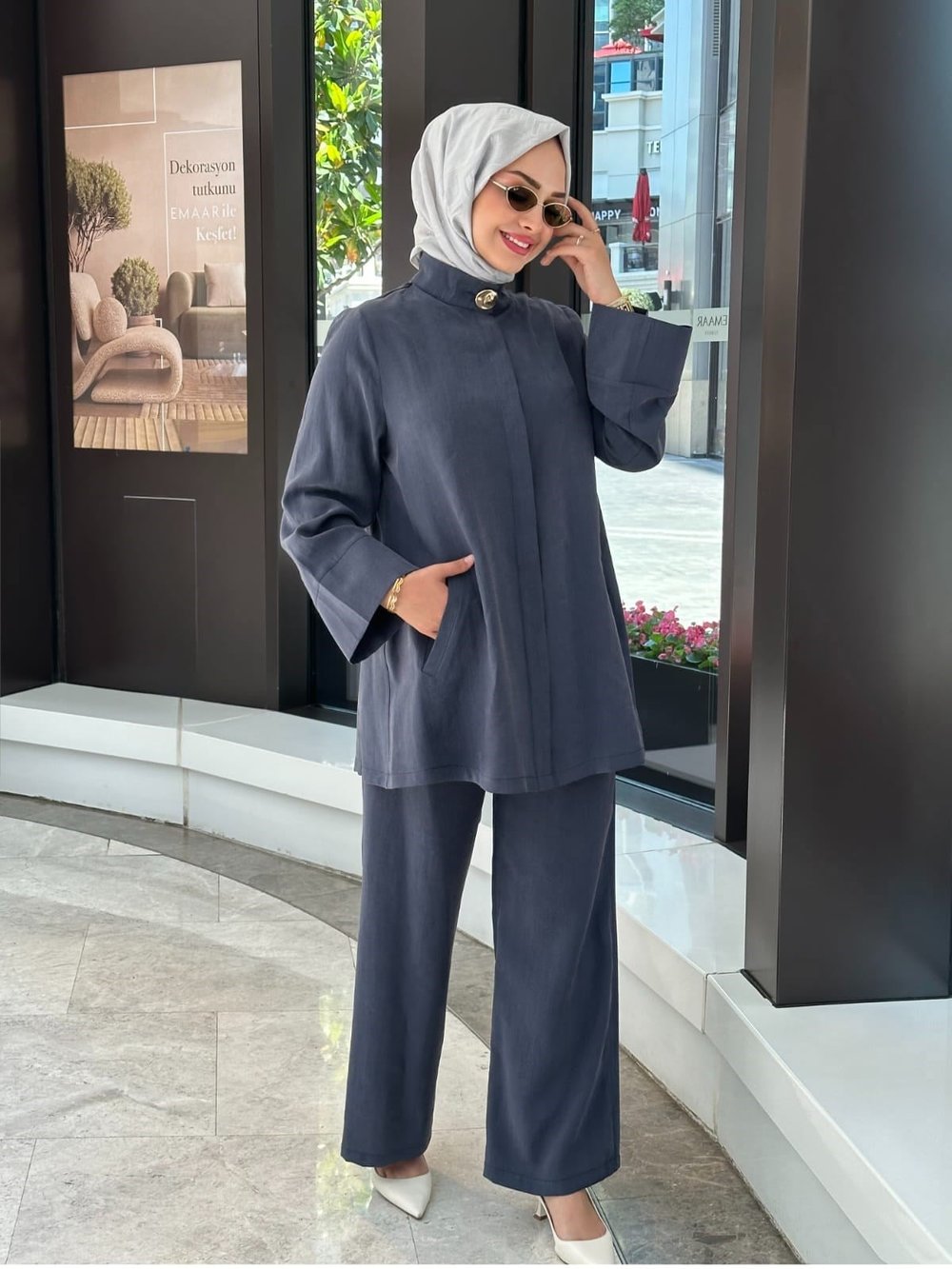 Düğme Detaylı Tencel Pantolonlu Takım - İndigo