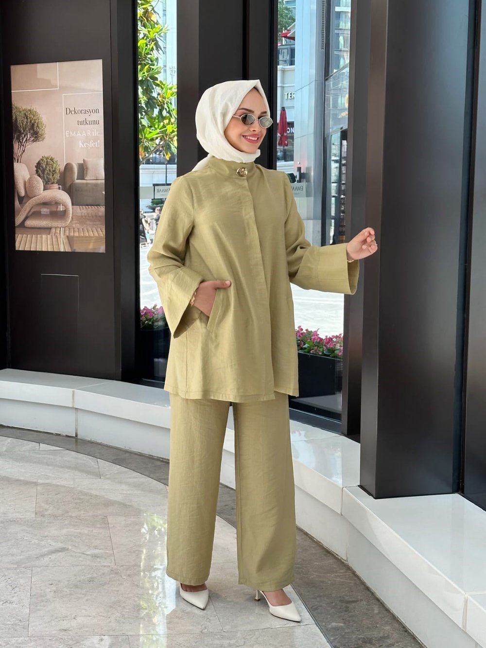 Düğme Detaylı Tencel Pantolonlu Takım - Yağ Yeşili