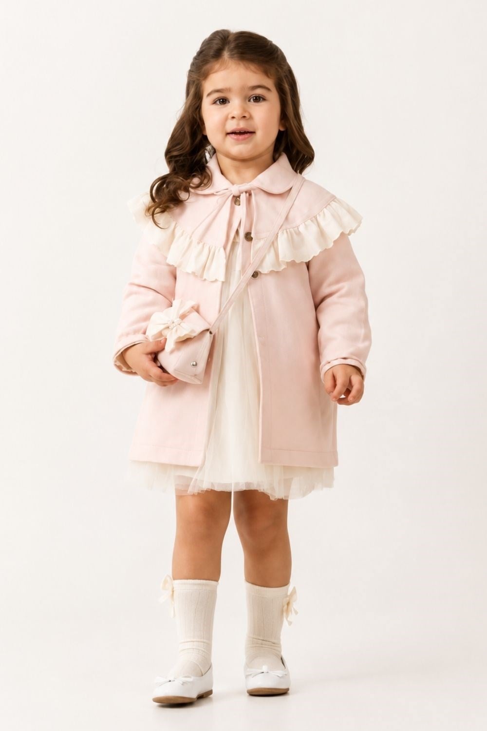 Kız Çocuk Trençkot Elbise ve Çanta 3lü Takım – Pudra