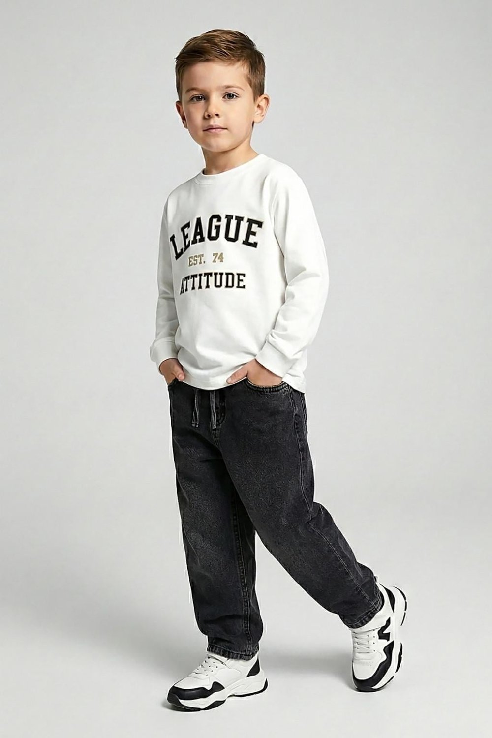 League Baskılı Erkek Çocuk Sweatshirt – Ekru