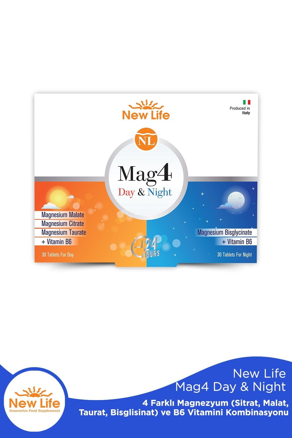 Mag4 Day & Night 60 Tablet Magnezyum Sitrat + Malat + Taurat+ Bisglisinat