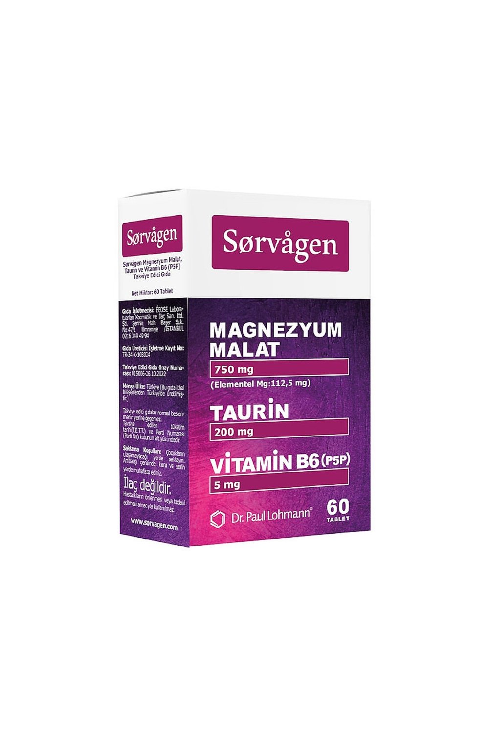 Magnezyum Malat, Taurin ve Vitamin B6 İçeren Takviye Edici Gıda 60 Tablet