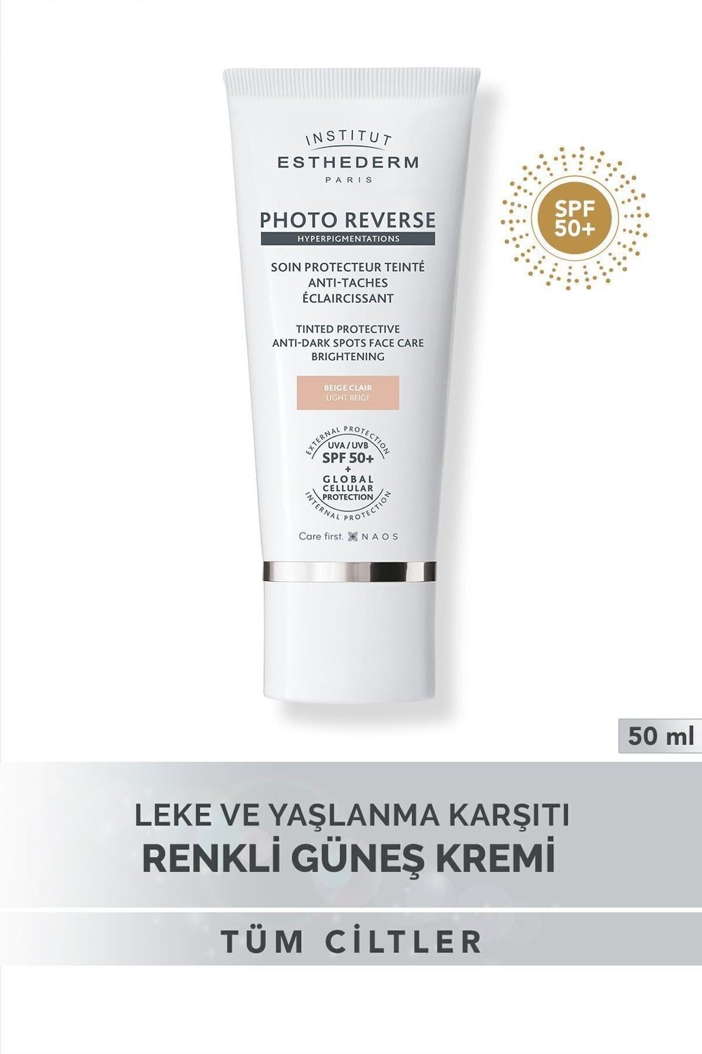 Photo Reverse Tinted Light Beige Leke Karşıtı UVA/UVB SPF50+ Yüksek Korumalı Renkli Güneş Kremi 50ML