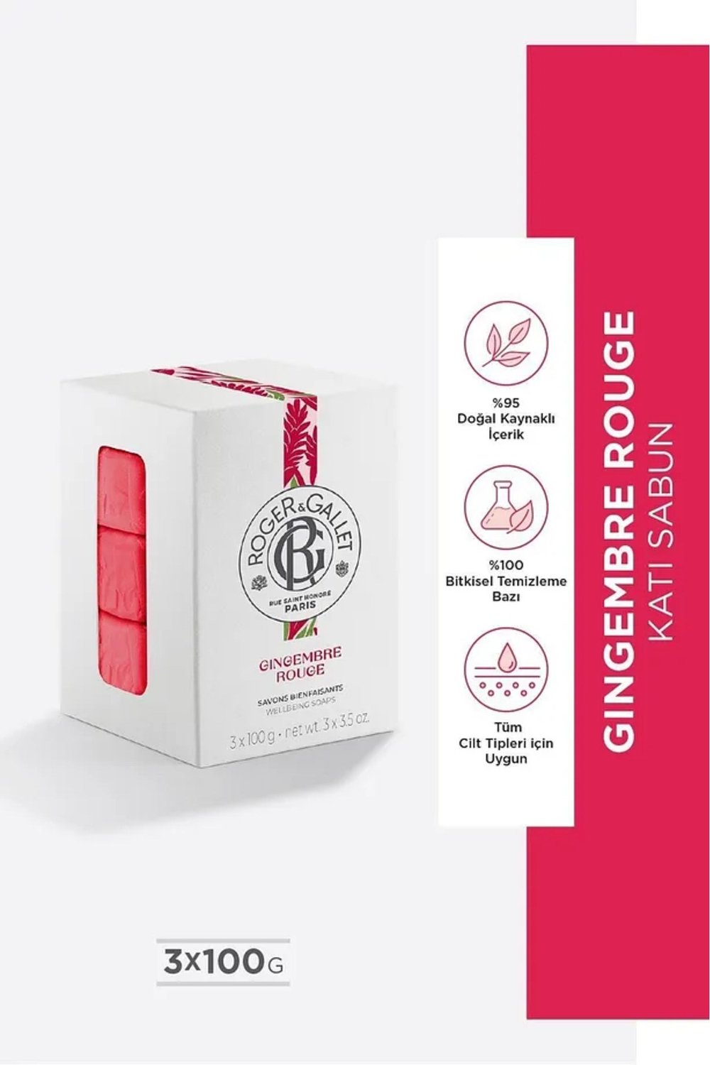 Roger & Gallet Gingembre Rouge Katı Sabun 100 g x3 - Egzotik Kırmızı Zencefil & Kalıcı Doğal Koku