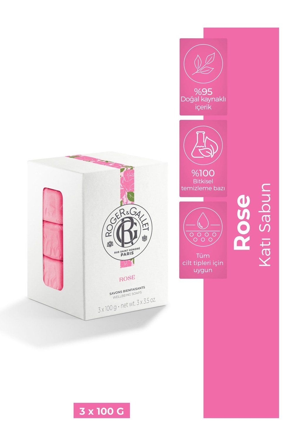 Roger & Gallet Rose Katı Sabun 100 g x3 - Bitkisel Gül Özü & Kalıcı Doğal Koku