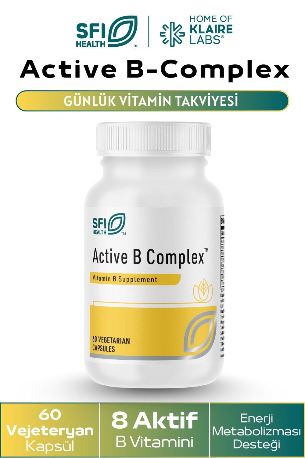 SFI Active B Complex™ Günlük B Vitamini Takviyesi | 8 Aktif B Vitamini 60 Kapsül