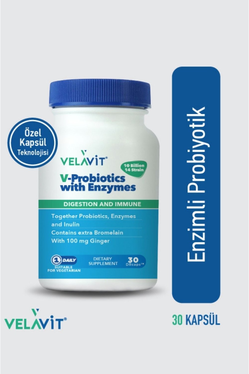 V-Probiotics with Enzymes - Enzimli Probiyotik - Glutensiz 30 Kapsül - 10 milyar KOB - Probiyotikler ve Sindirim Enzimleri Beraber
