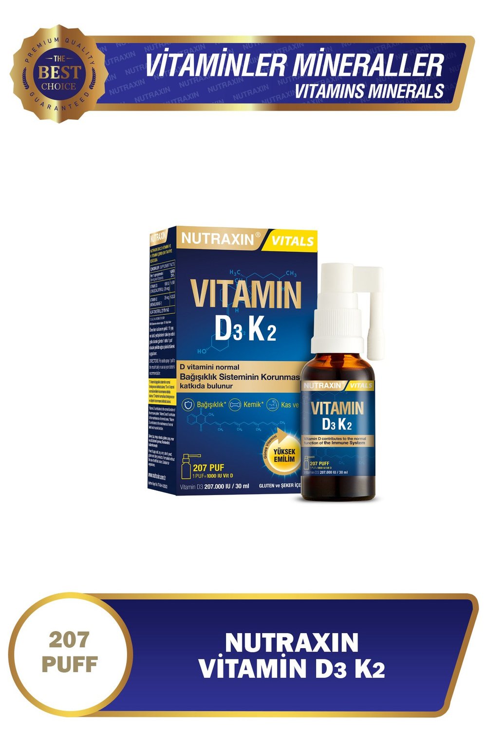 Vitals D3k2 30 Ml - 1000 Iu D3 Vitamini, 25 Mcg K2 Vitamini 207 Puf