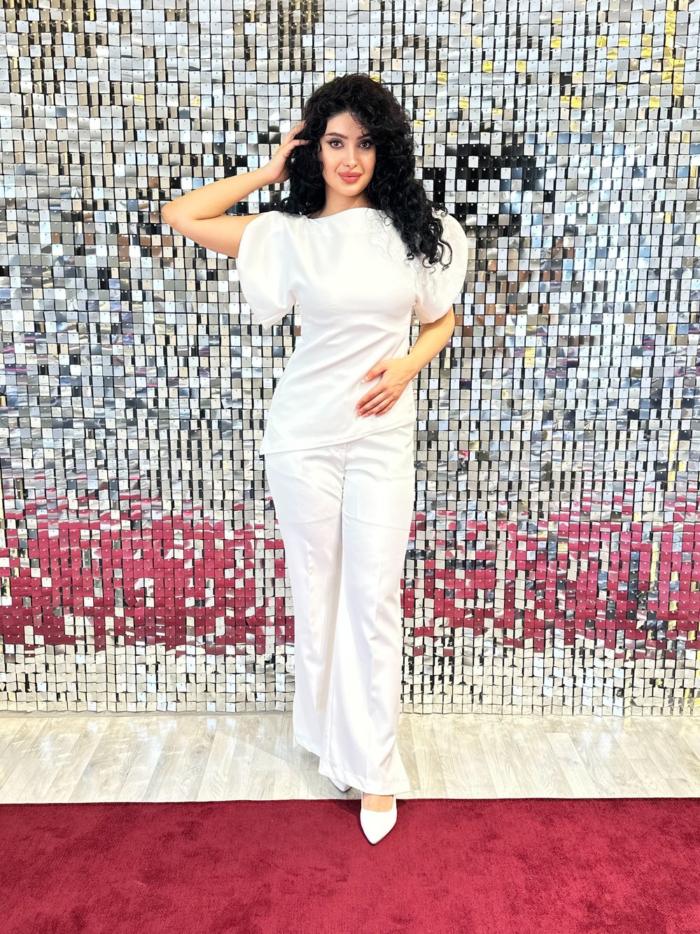 Bej Savone Asimetrik Bluz Pantolon Takım