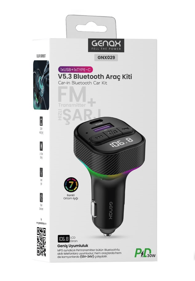 Genax GNX029 V5.3 Bluetooth Araç Kiti & PD 30W Hızlı Şarjlı FM Transmitter